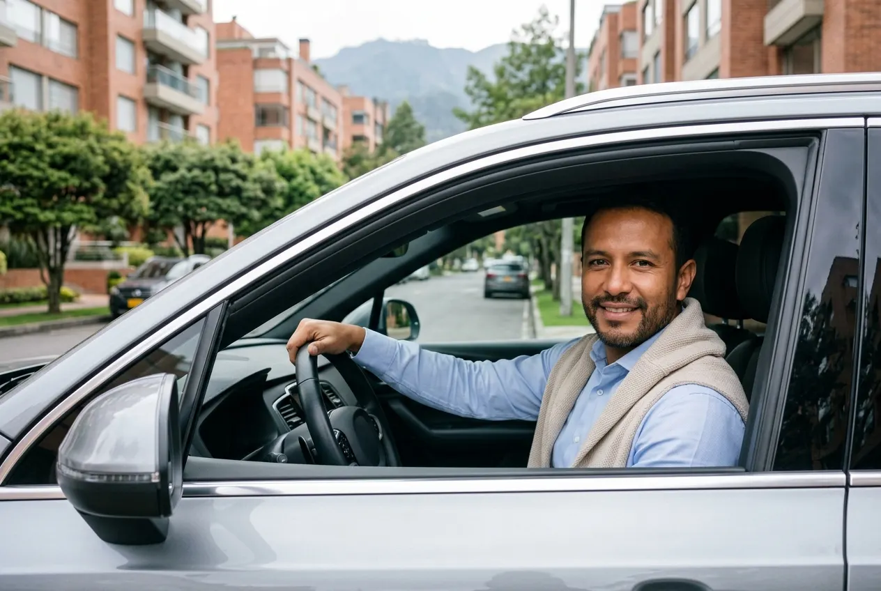Conductor sonriendo al volante de su carro