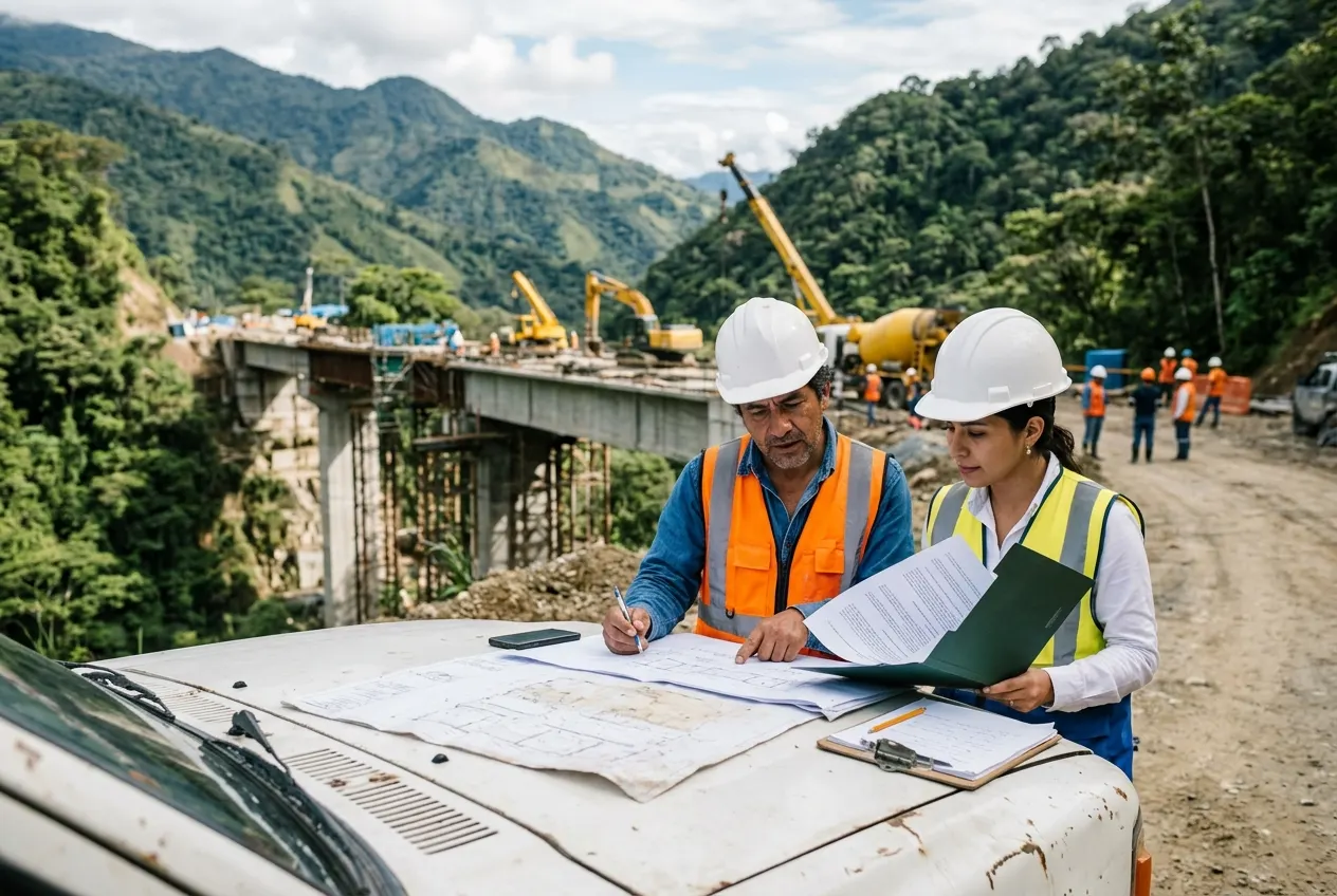 Ingenieros revisando planos de una obra vial