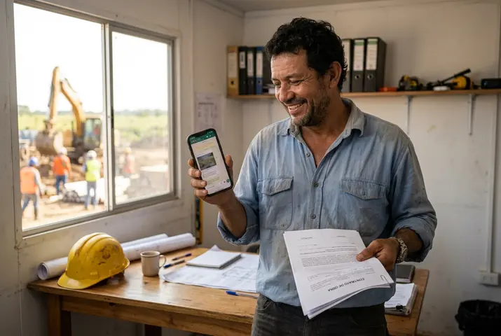 Contratista recibiendo su póliza por WhatsApp en la obra